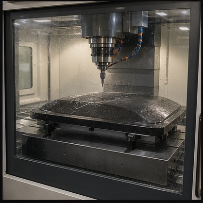 Enclosed CNC machine cutting a composite panel