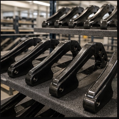 A neat batch of finished carbon fibre components on production racks