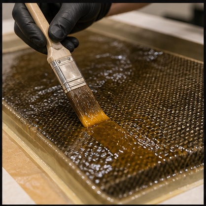 Amber resin being applied to woven reinforcement during wet lay-up